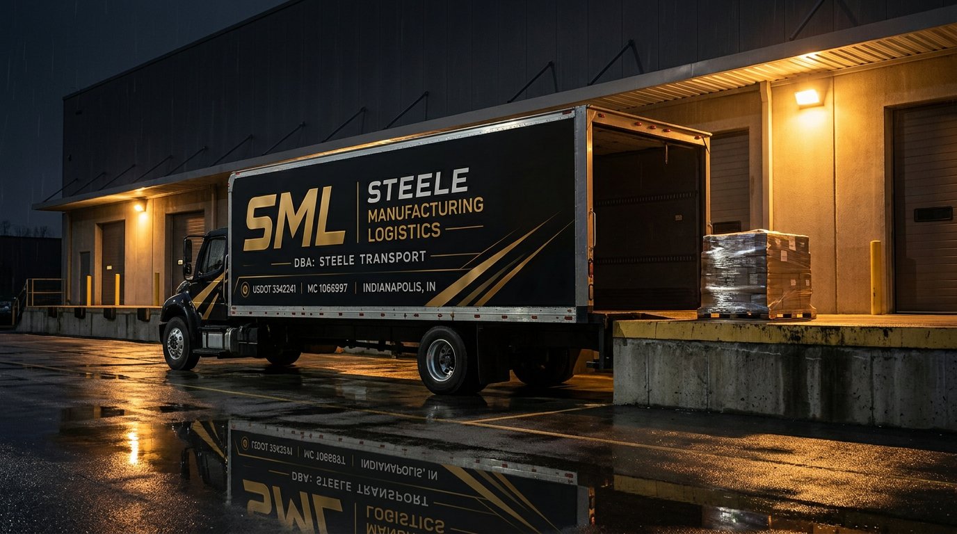 SML Logistics box truck backed up to a warehouse loading dock at night