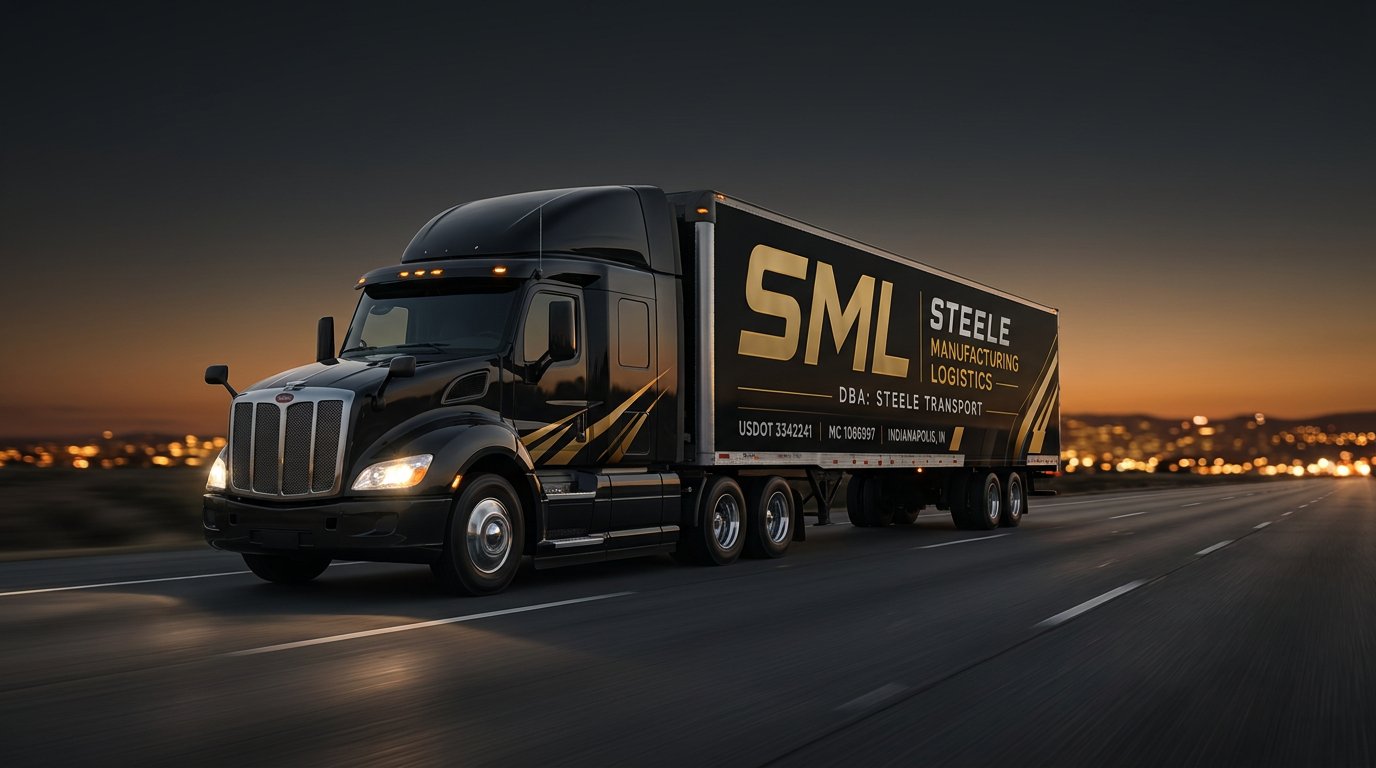 SML Logistics semi truck driving down the interstate at dusk, headlights on