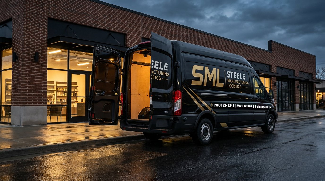 SML Logistics cargo van making an evening delivery outside a storefront, rear doors open