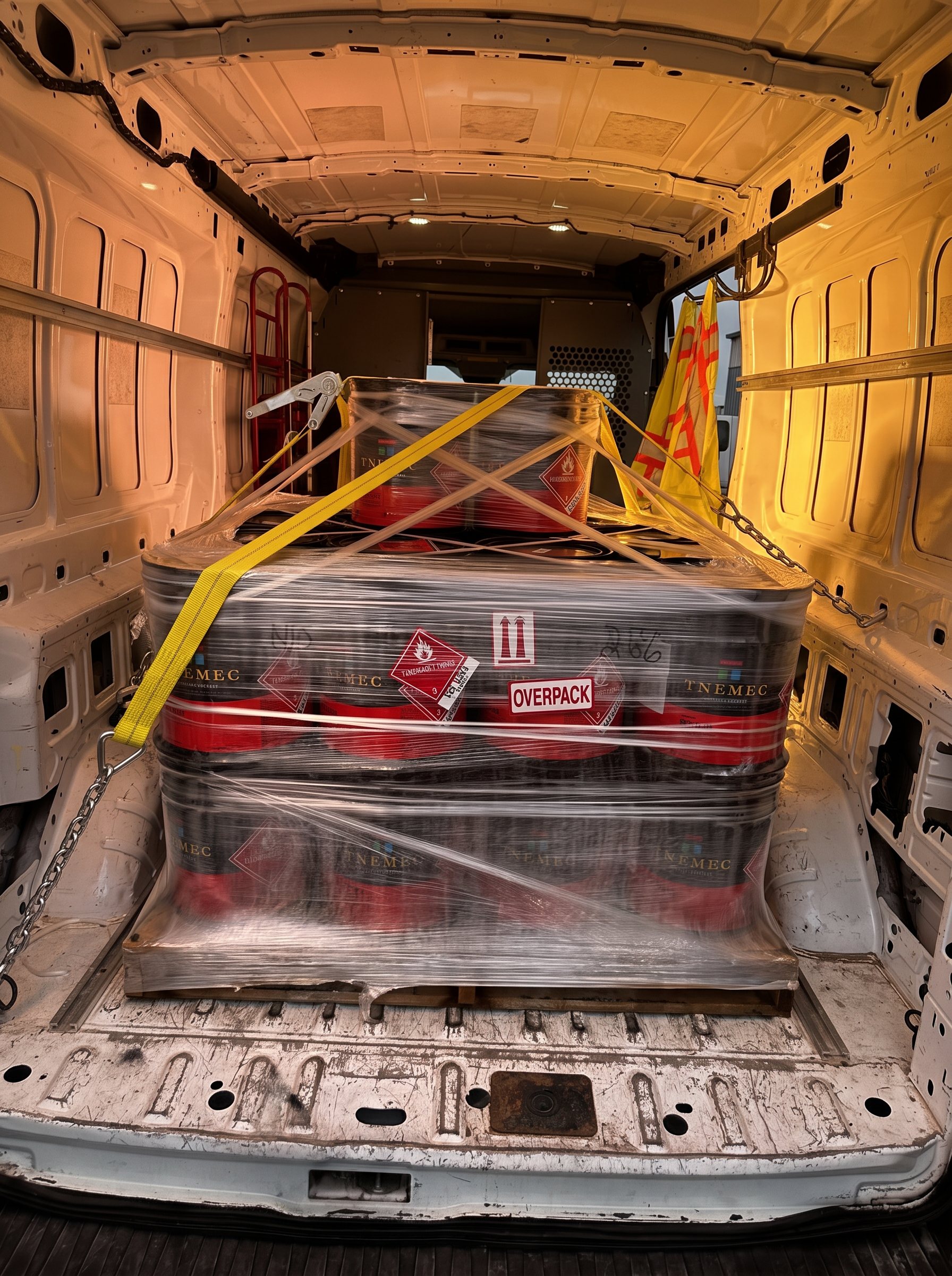 Shrink-wrapped pallet of drums strapped and chained inside an SML Logistics cargo van