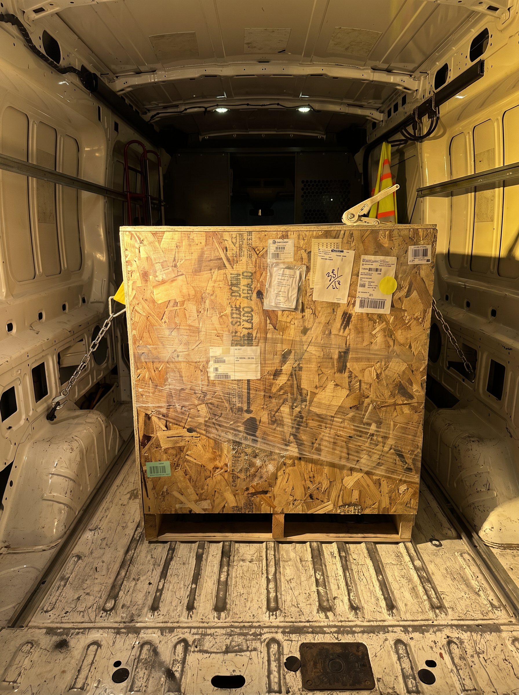 Wrapped and labeled freight crate secured in the back of an SML Logistics van